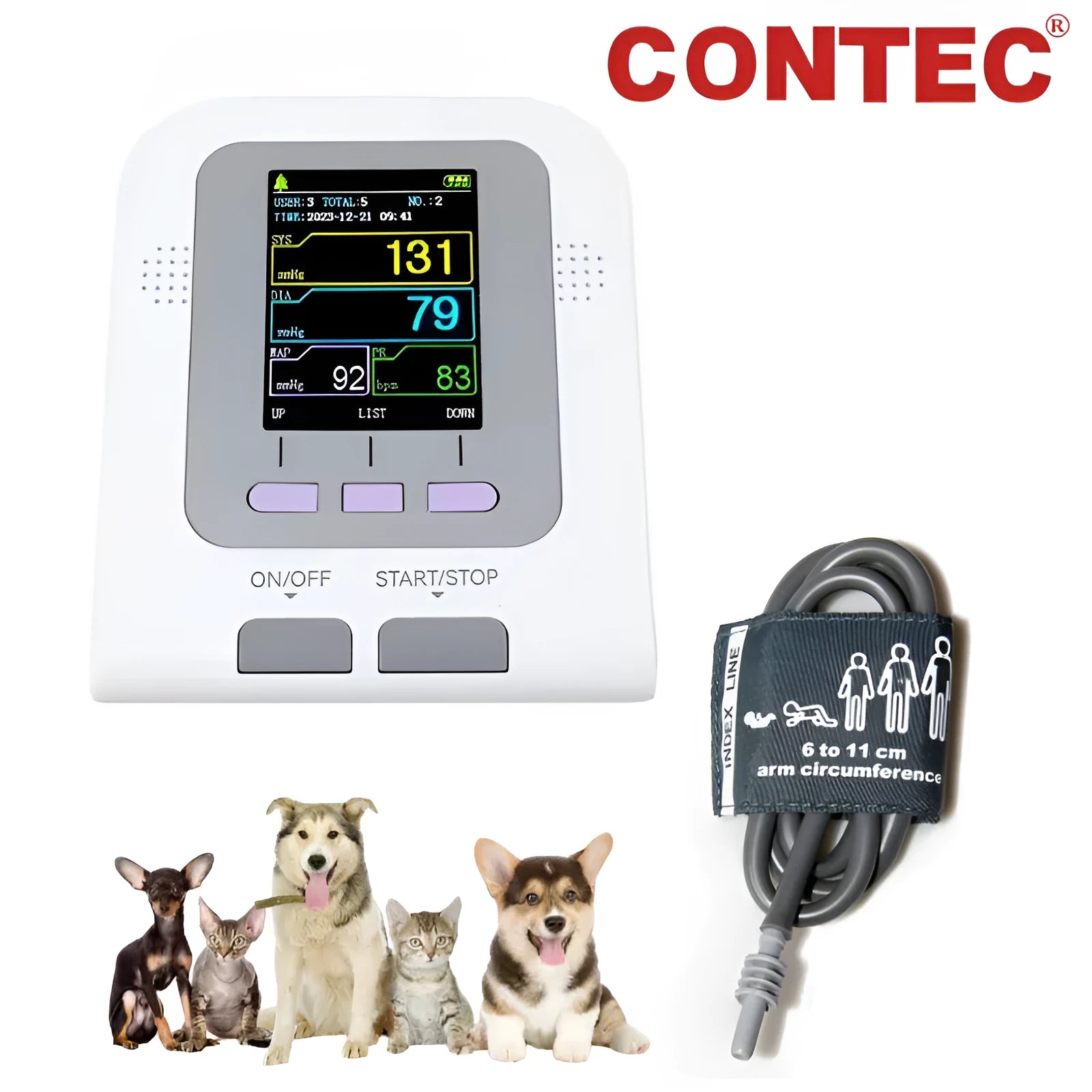 CONTEC08A veterinary digital blood pressure monitor with colour screen and three cuff sizes on a table