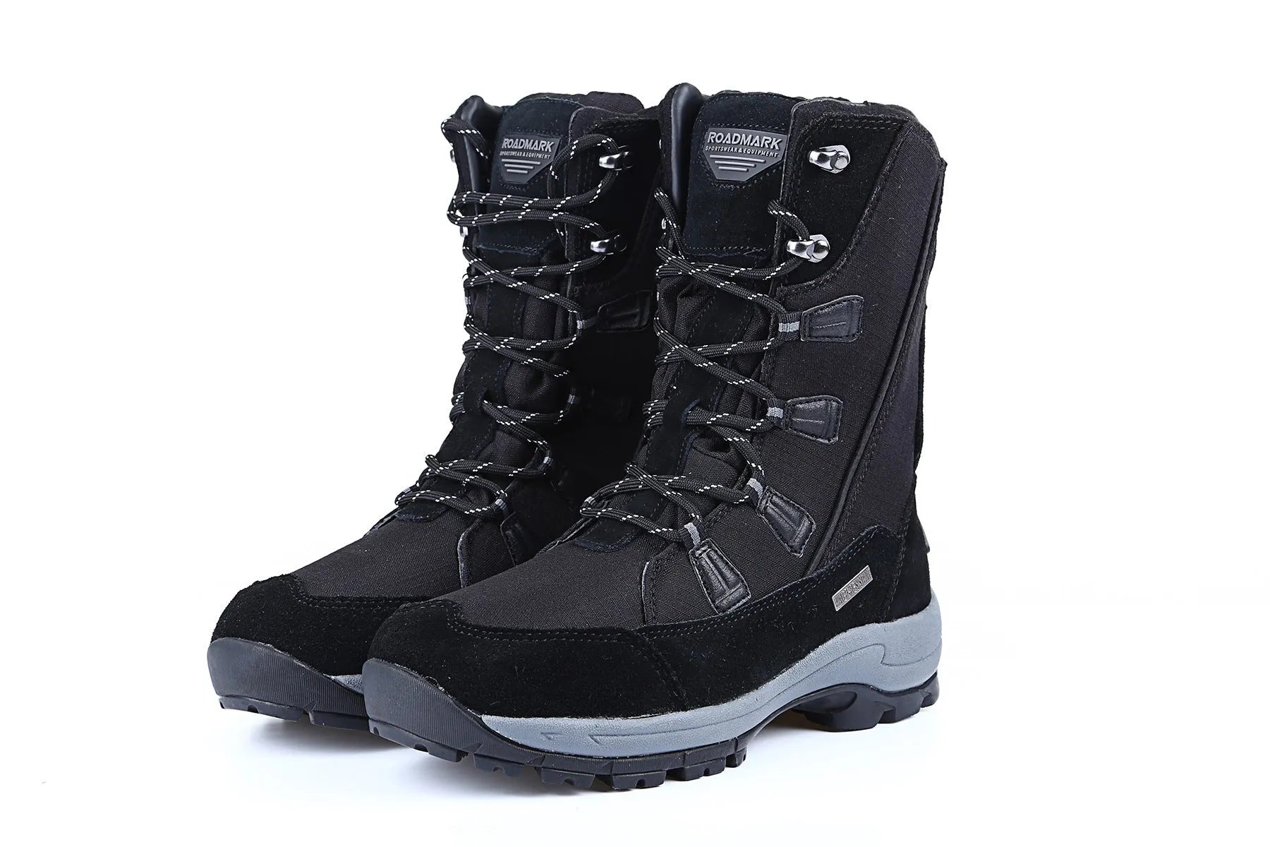 Women's black waterproof thermal snow boots with genuine leather uppers and rubber soles