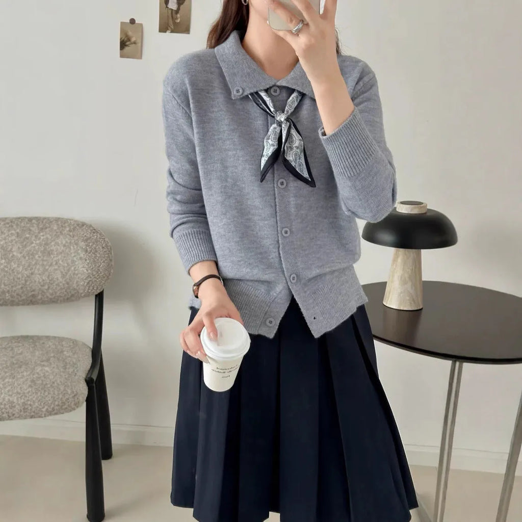 Women's beige lapel scarf cardigan sweater with long sleeves on hanger