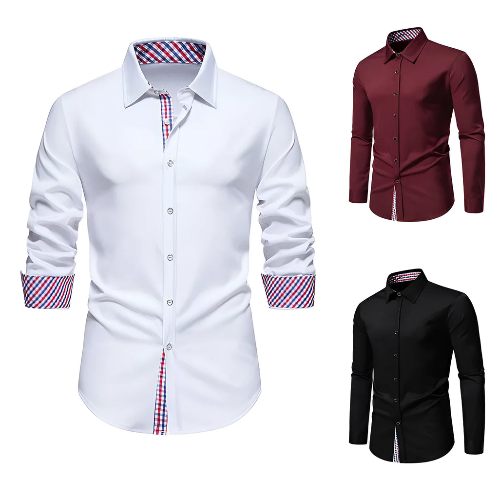 Men's loose fit plaid long-sleeved casual shirt in cardigan style on a hanger.