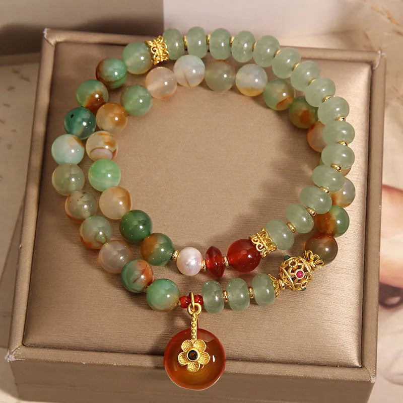 Peacock green agate double ring bracelet with safety buckle pendant and rhinestone detailing