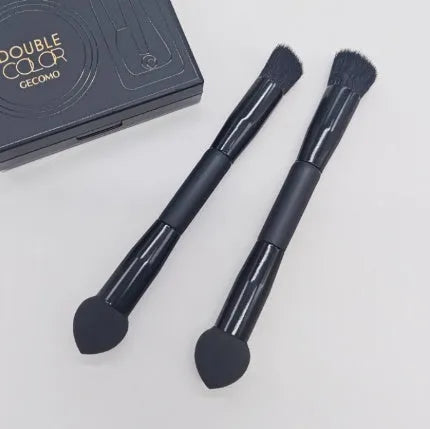 Double-headed miter sponge concealer brush with wooden handle in elegant black
