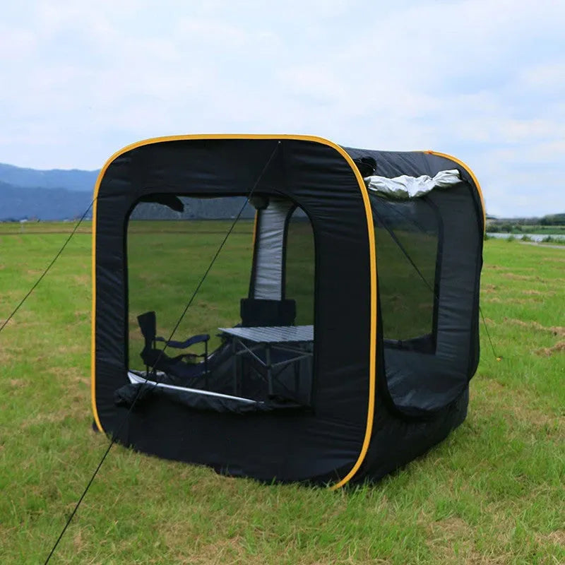 Black pop-up car tailgate tent with steel frame unfolded to 200cm dimensions