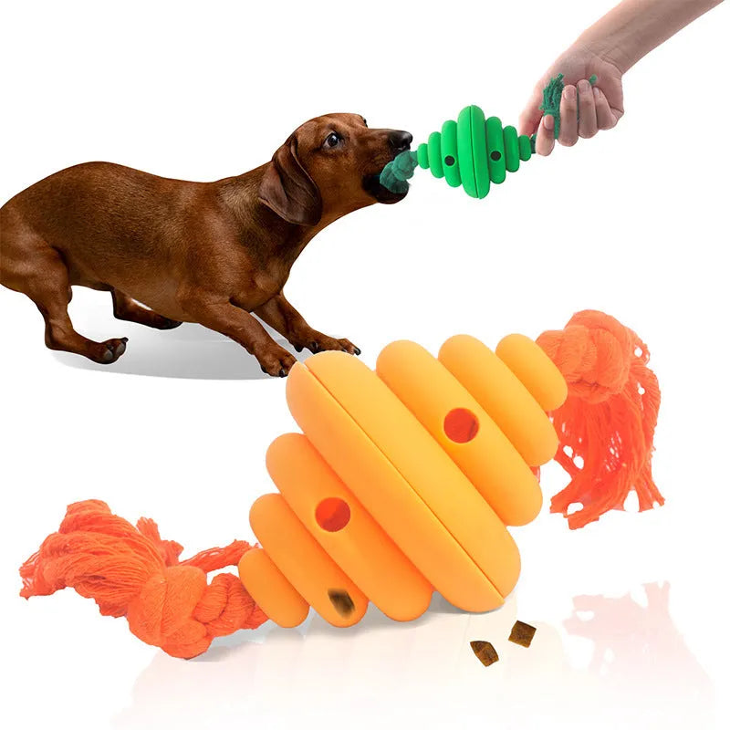 Green and yellow dog ball with rope attachment, showing treat-dispensing hole.