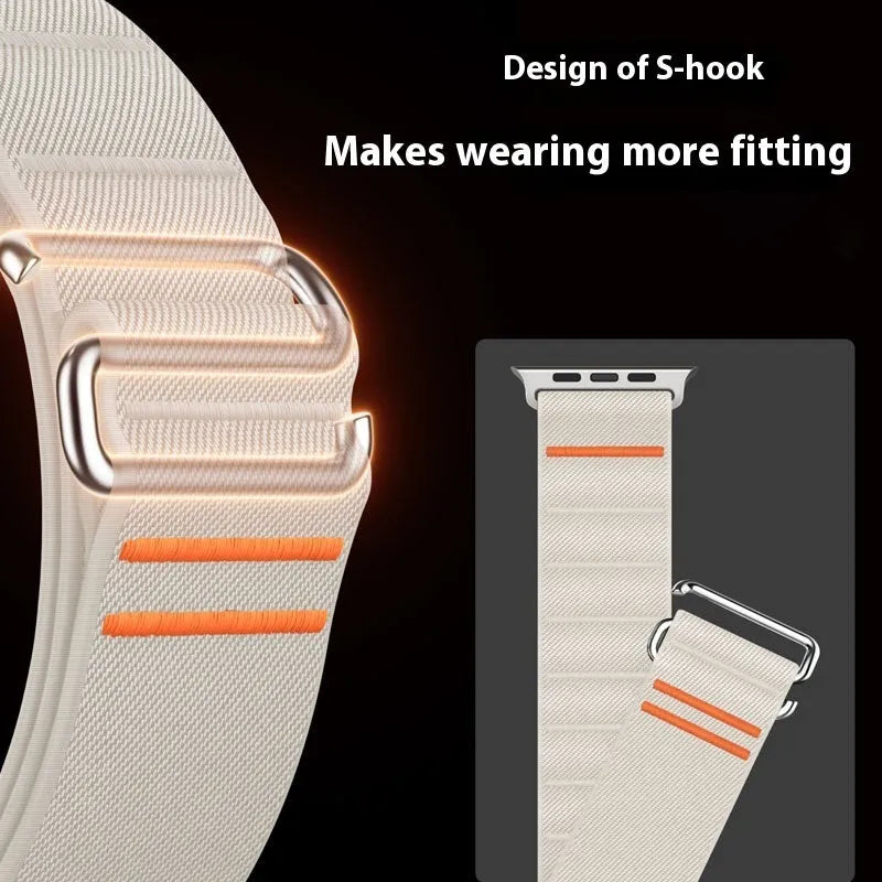 Elastic nylon Apple Watch replacement strap with stainless steel buckle in multiple colour options.