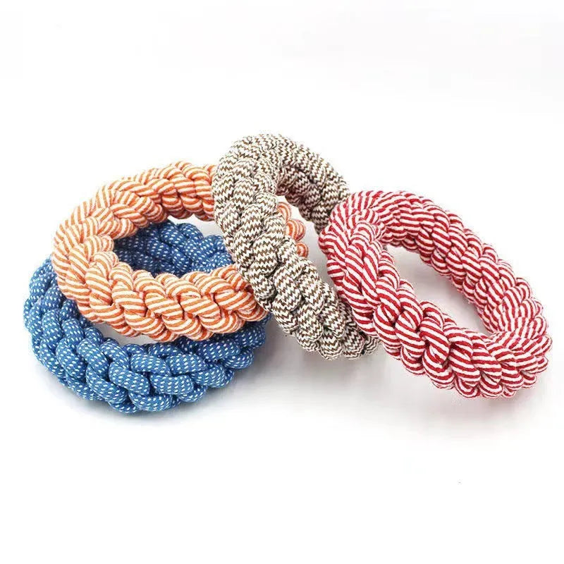 Cotton string braided ring dog toy with knotted design measuring approximately 18cm