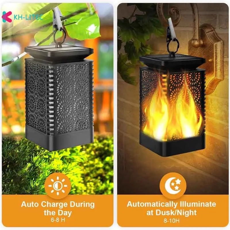 Set of four black solar-powered hanging lanterns with flickering flame LED light for outdoor garden decoration.