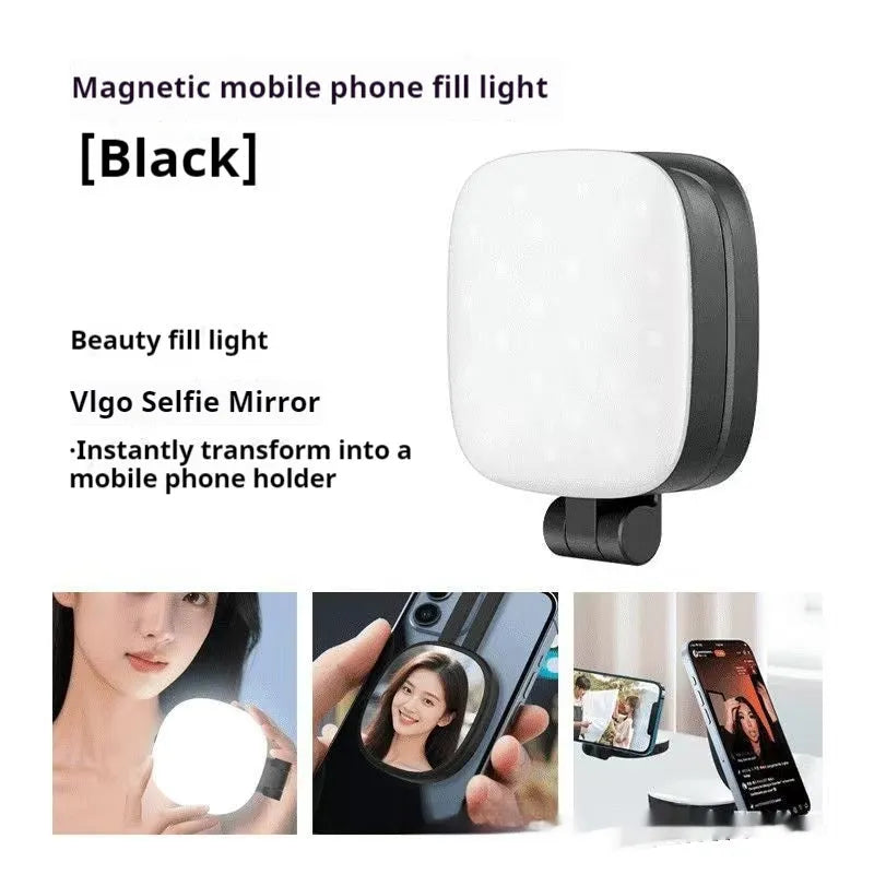 Black and white mobile phone magnetic fill light with three-colour temperature lighting and compact 61mm design