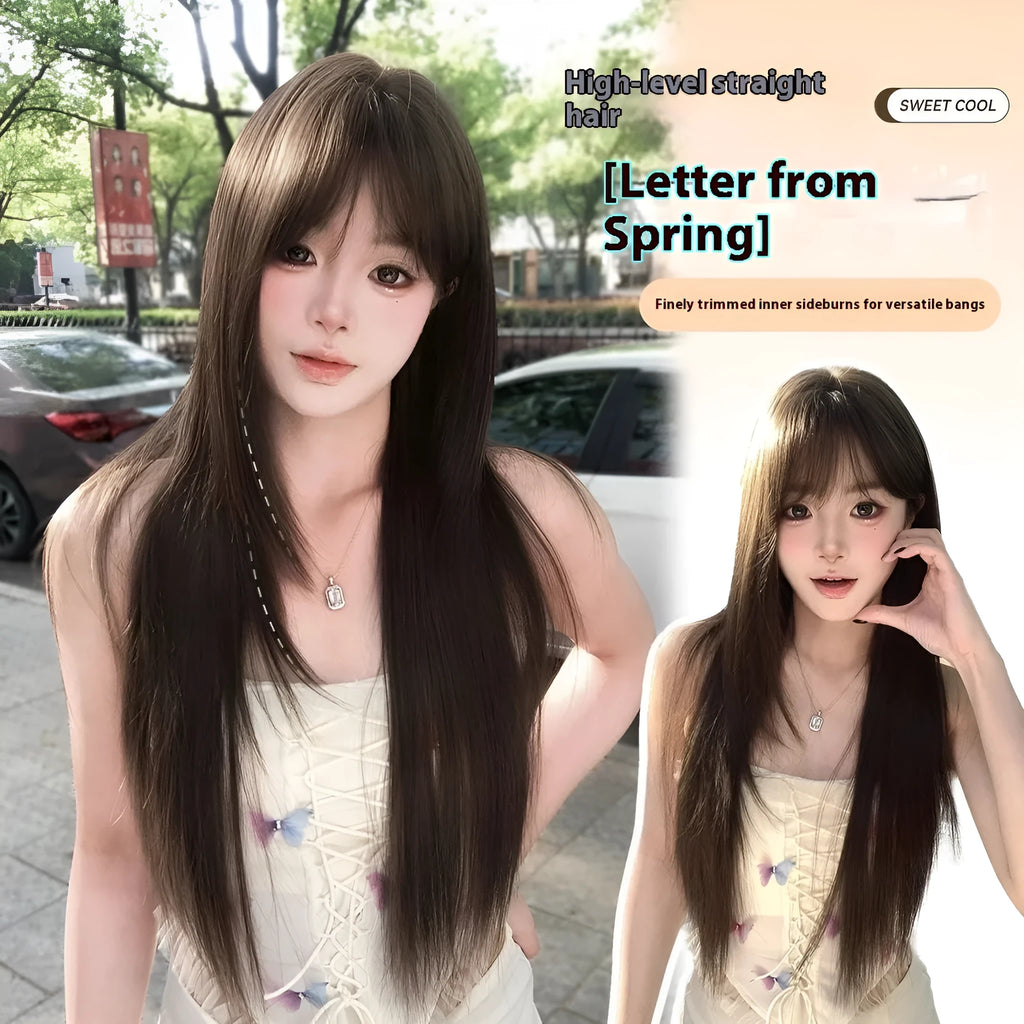 Brown black synthetic wig with black tea simulation treatment and wear-free hair net