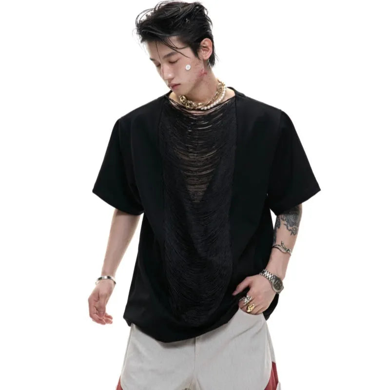 Drum black men's loose fit V-neck T-shirt with short sleeves and tussle detail.
