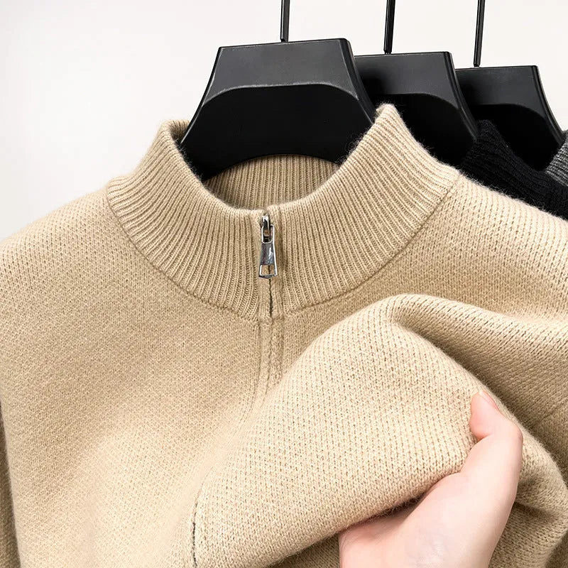 Men's black knitted zipper cardigan with stand collar shown in loose fit