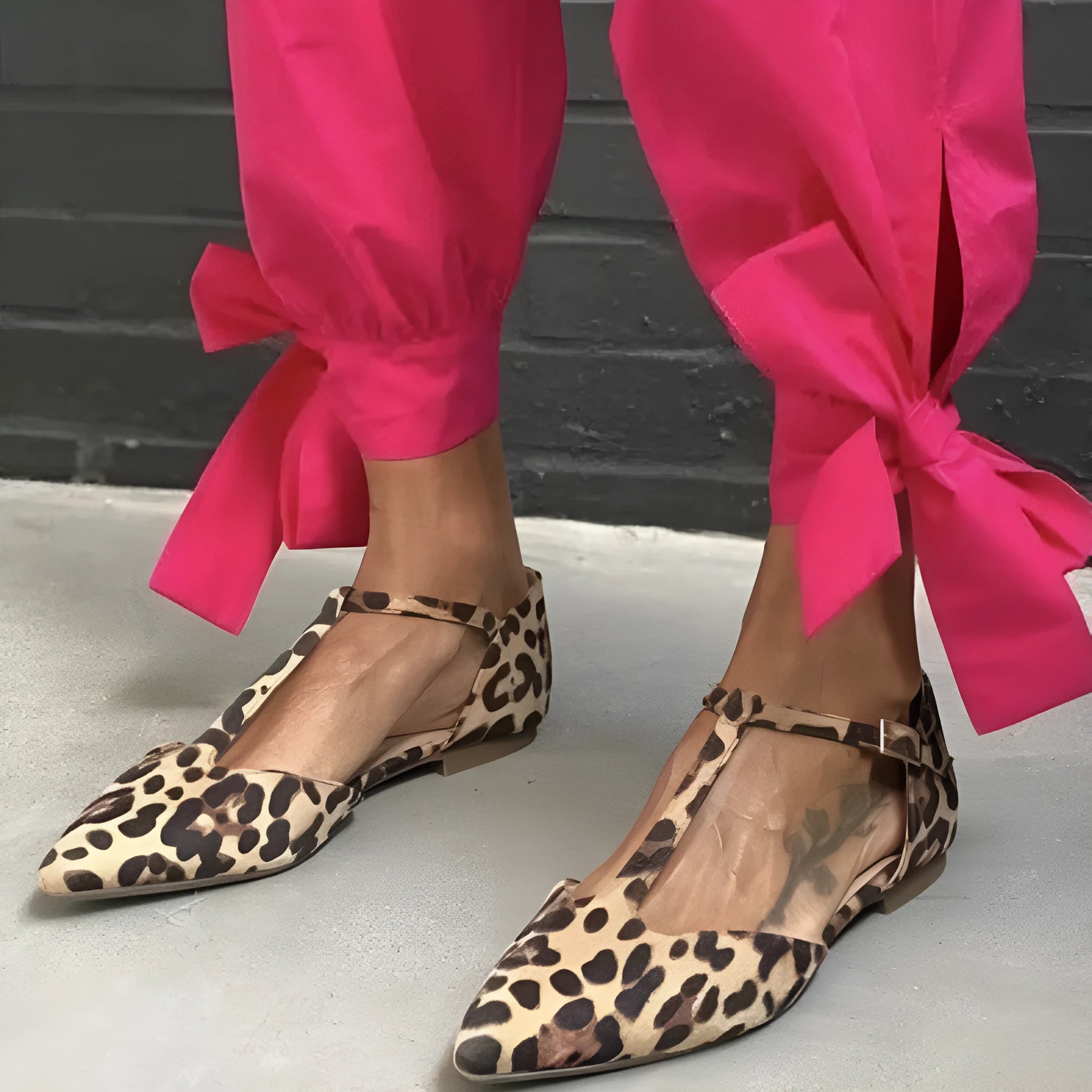 Women's leopard print pumps with pointed toe and chunky low heel, cross shoulder strap detail