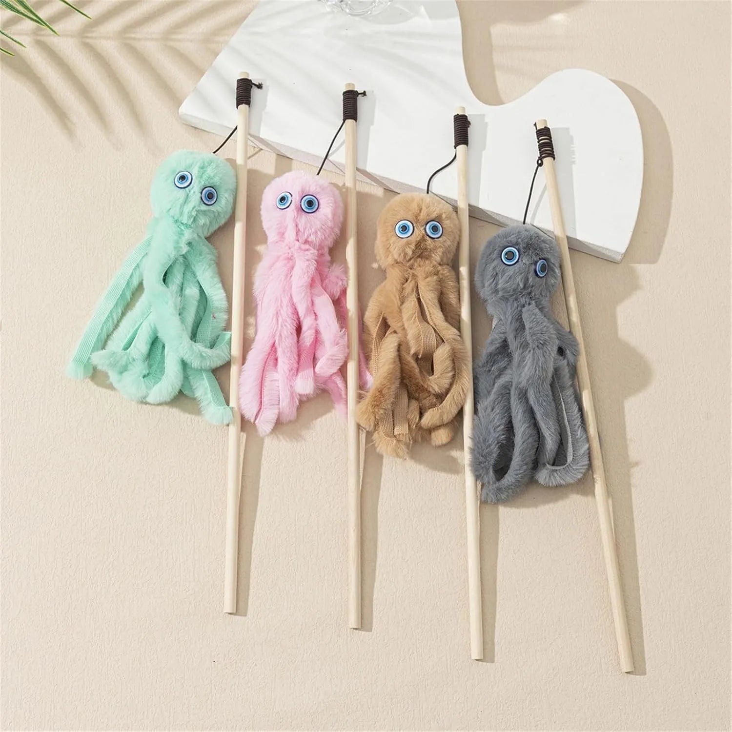 Furry octopus cat toy on long stick wand in pink colour option
