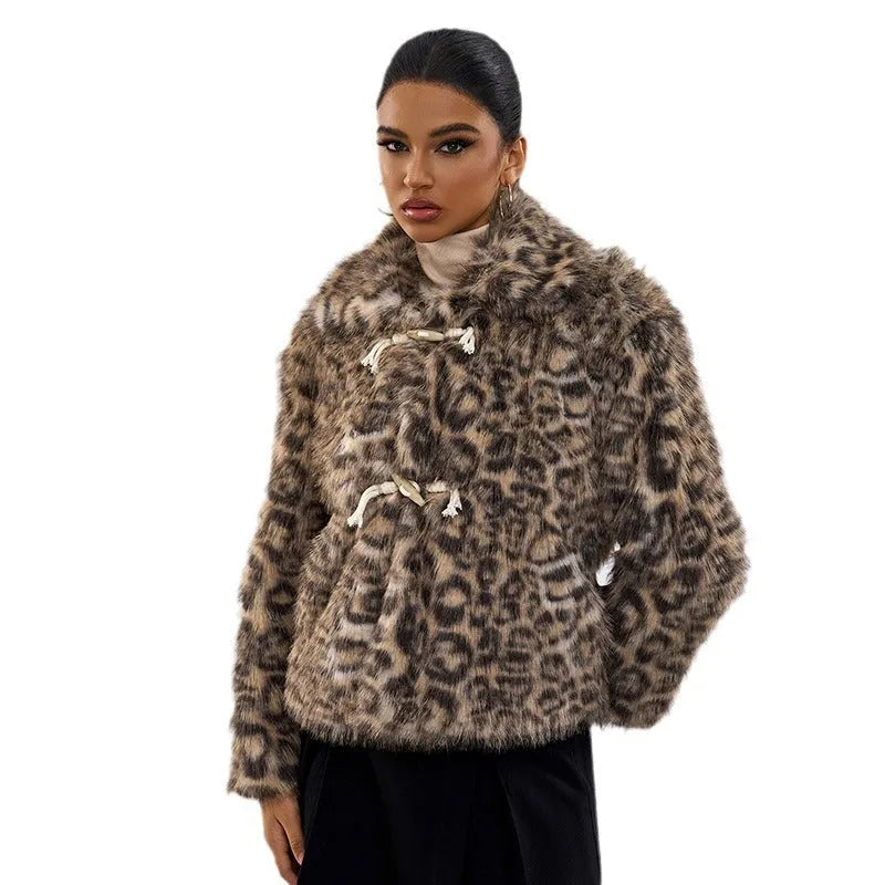 Women's leopard print coat with buckle lapel detailing and regular sleeves