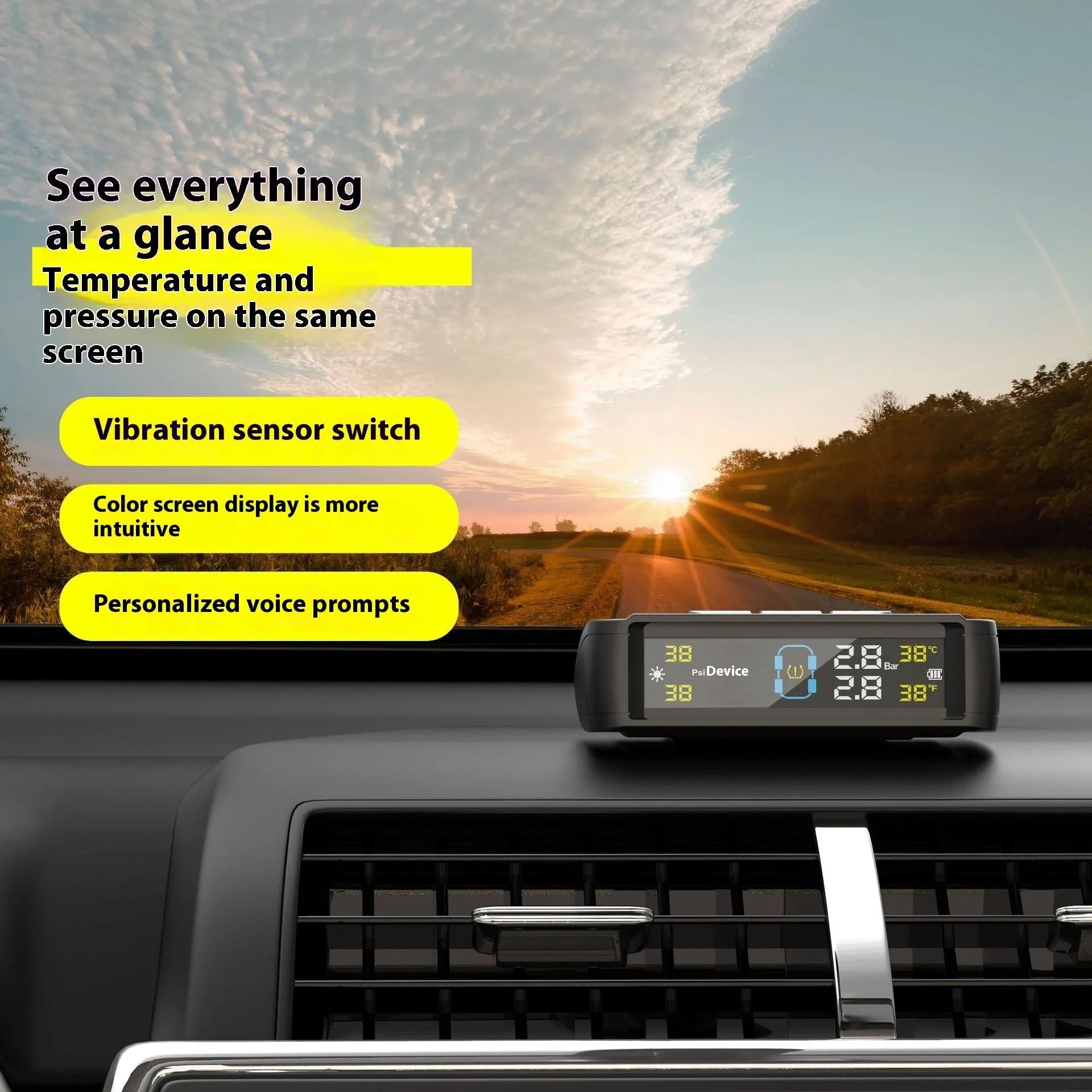 T11 tyre pressure monitor colour screen display showing tyre pressure and temperature data