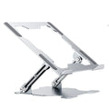 Grey aluminium laptop stand with adjustable angle, shown holding a silver laptop.