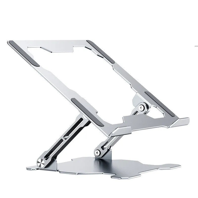 Grey aluminium laptop stand with adjustable angle, shown holding a silver laptop.