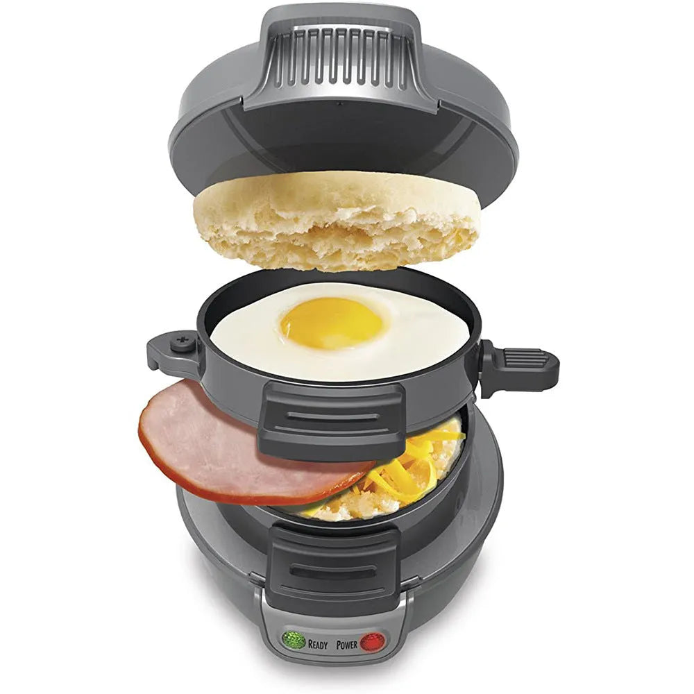 Household breakfast machine sandwich maker with egg cooker ring, 750W, bright red, UK plug