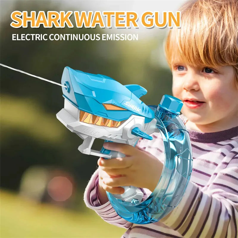Blue Shark electric water gun toy with large water tank and USB charging port