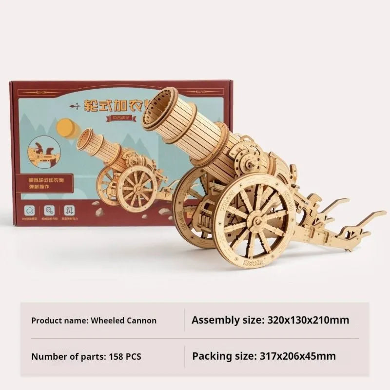Wooden assembled model kit of a heavy siege crossbow for teenagers, educational toy on display