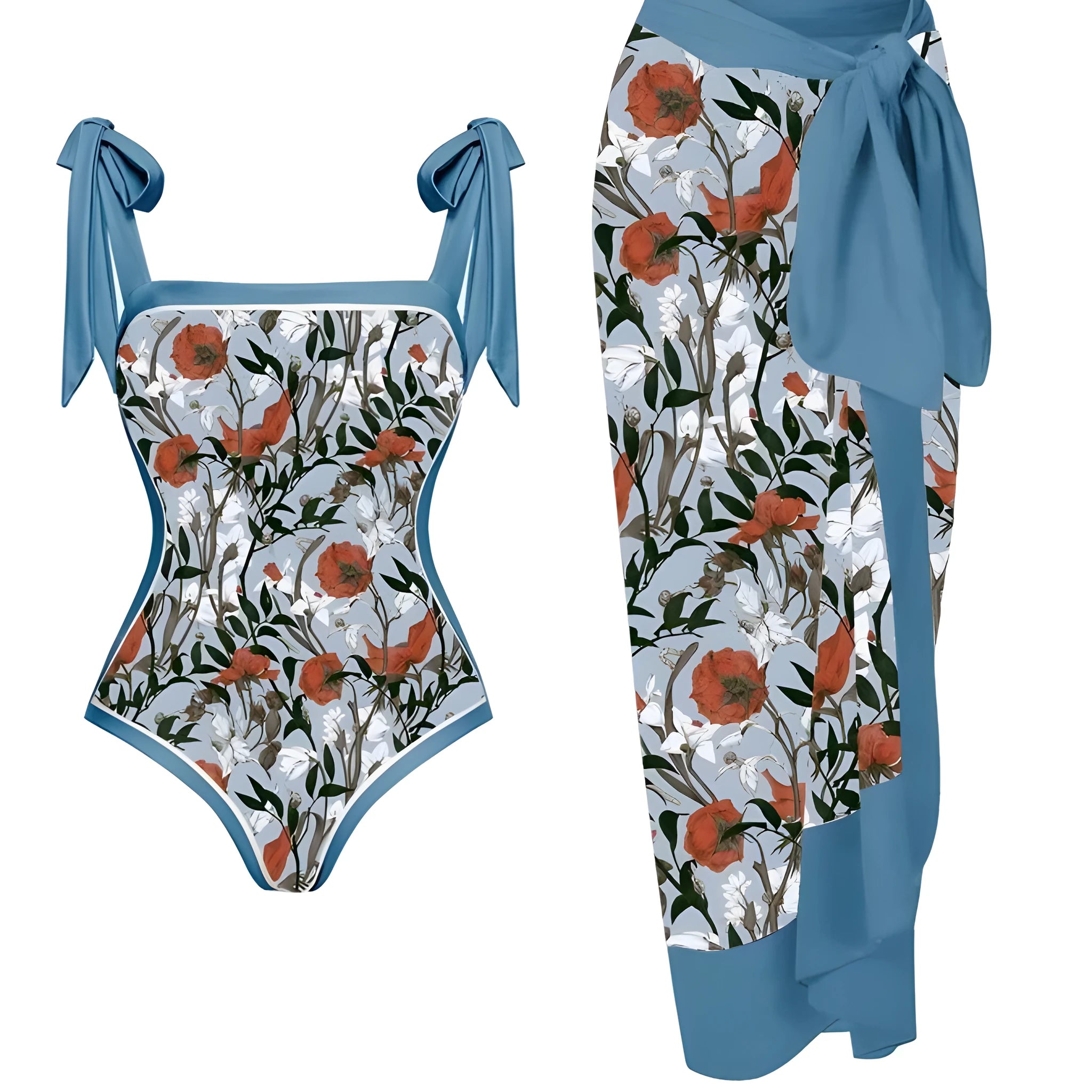 Women's printed chiffon two-piece swimsuit with attached hip skirt in a floral pattern.
