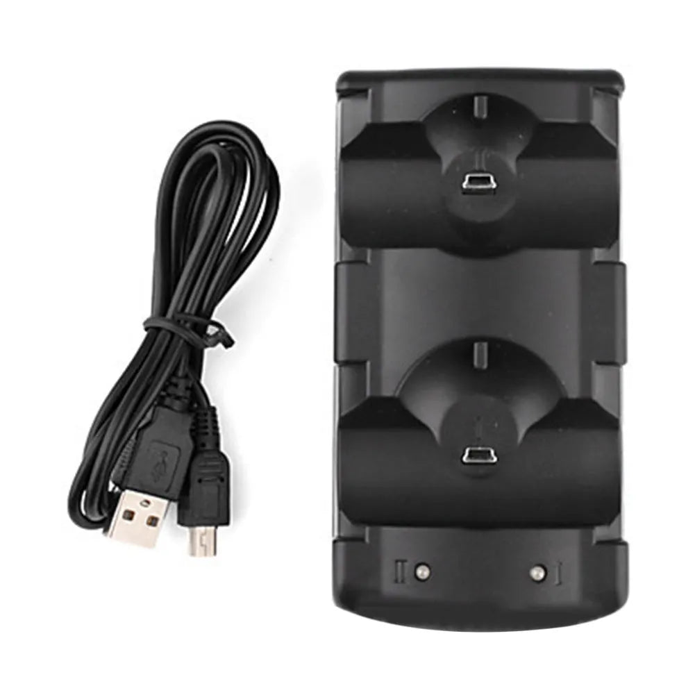 Black PS3 dual wireless charging base station for two original PlayStation 3 controllers with USB cable