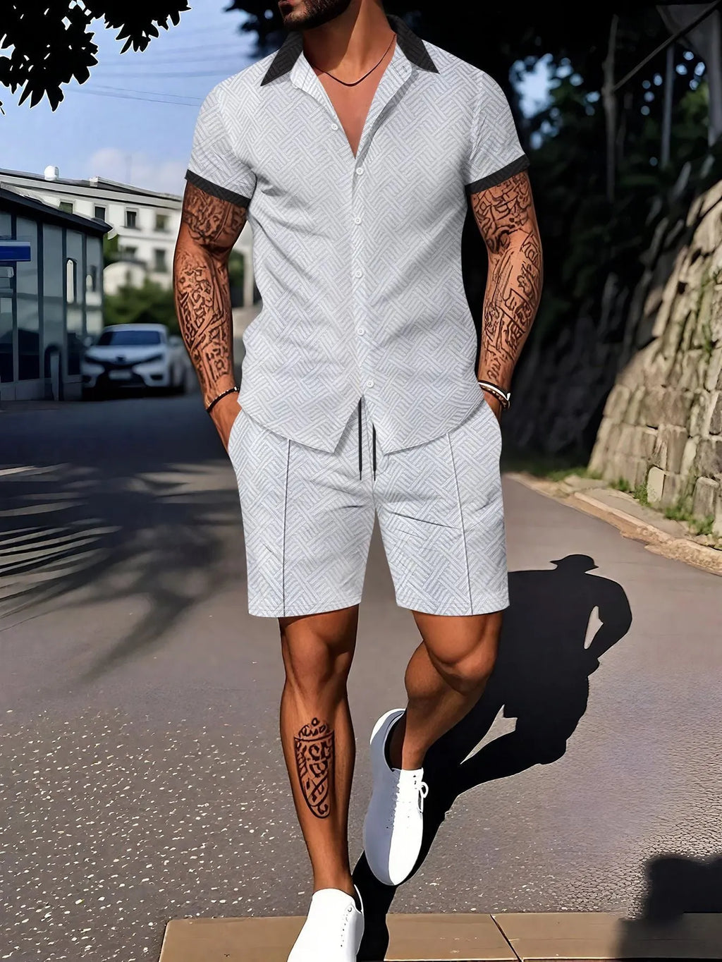 Men's casual short sleeve suit set with digital printing design in cotton blend fabric