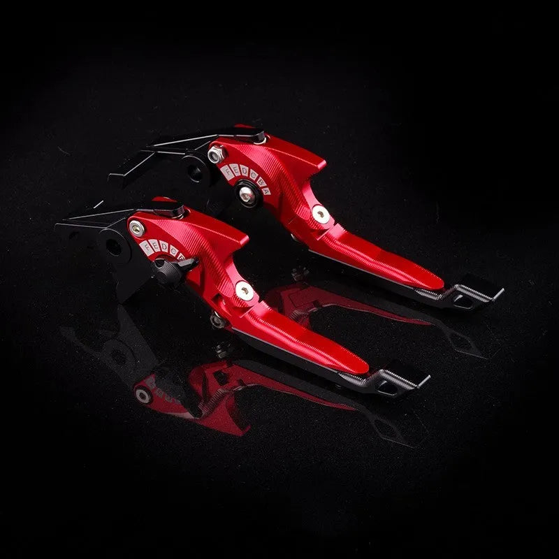 Pair of anodised aluminium motorcycle brake and clutch levers with six-speed adjustable length mechanism