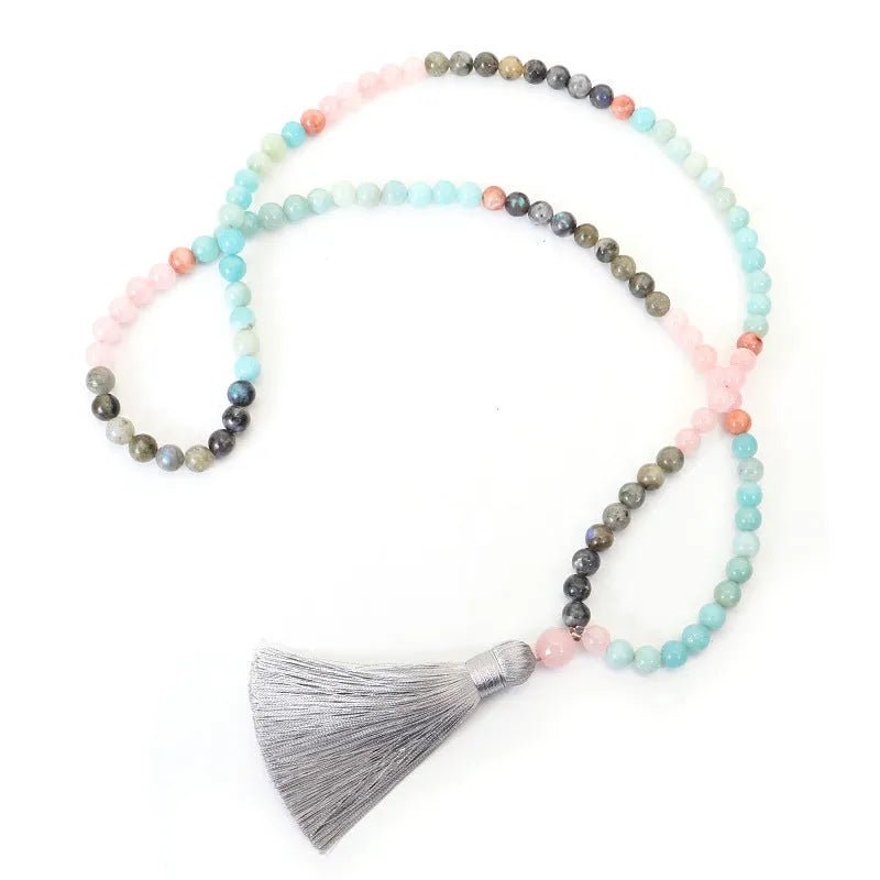 Stone necklace and bracelet set with colourful drop-shaped pendant and tassel decoration