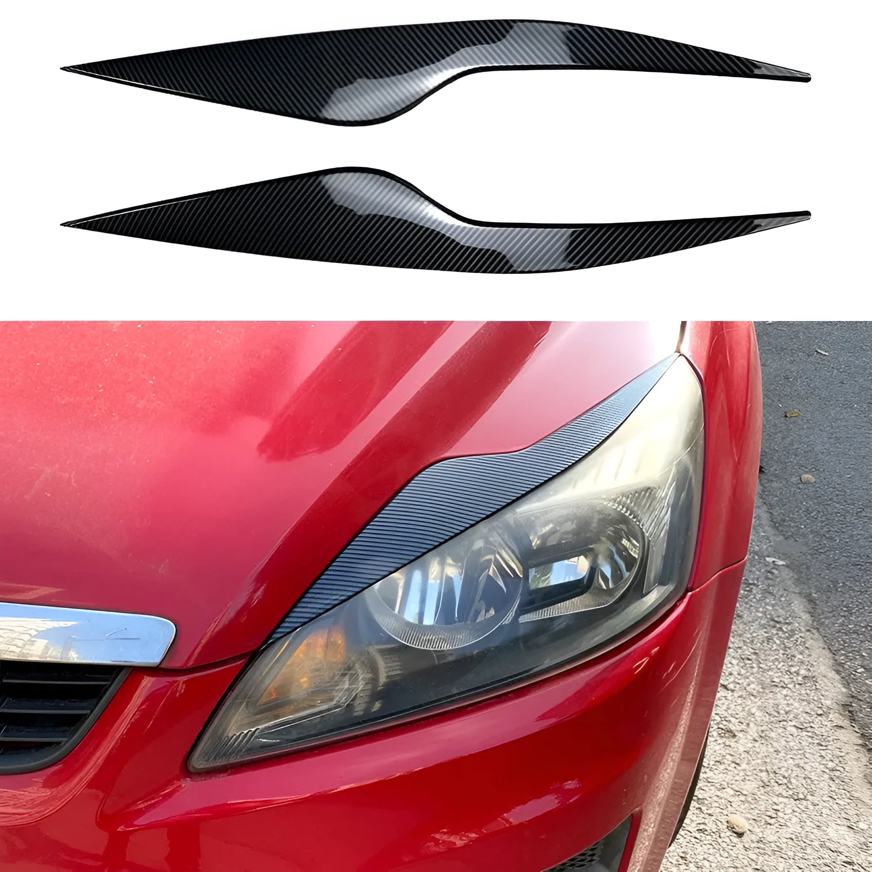 Pair of ABS plastic headlight eyebrow stickers for Ford Focus in carbon fibre pattern and piano black finish