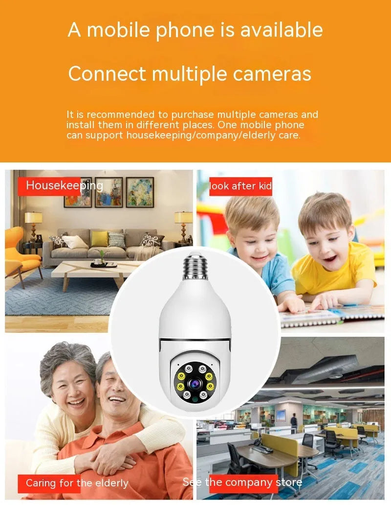 Wireless bulb security camera with 1080p full colour night vision for indoor outdoor monitoring
