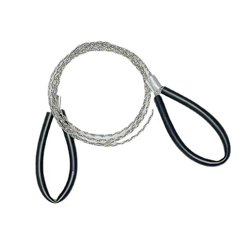A black or red leather case containing a coiled stainless steel survival wire saw, approximately 70 cm long.