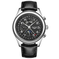 Men's mechanical perpetual calendar watch with moon phase display on leather strap