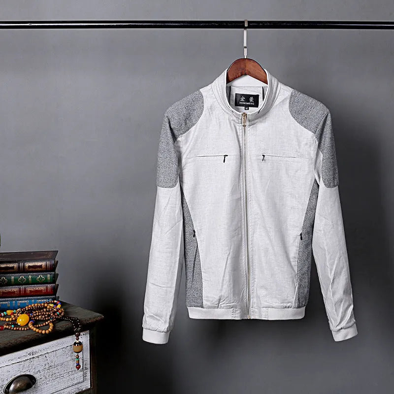 Men's thin regular-fit cotton jacket in heather grey, shown on a hanger.