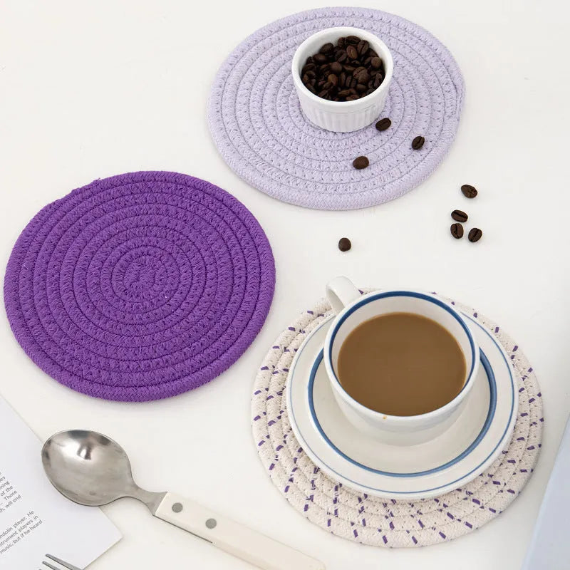 Cotton cord round coaster placemat three-piece set in blue colour with 18cm diameter
