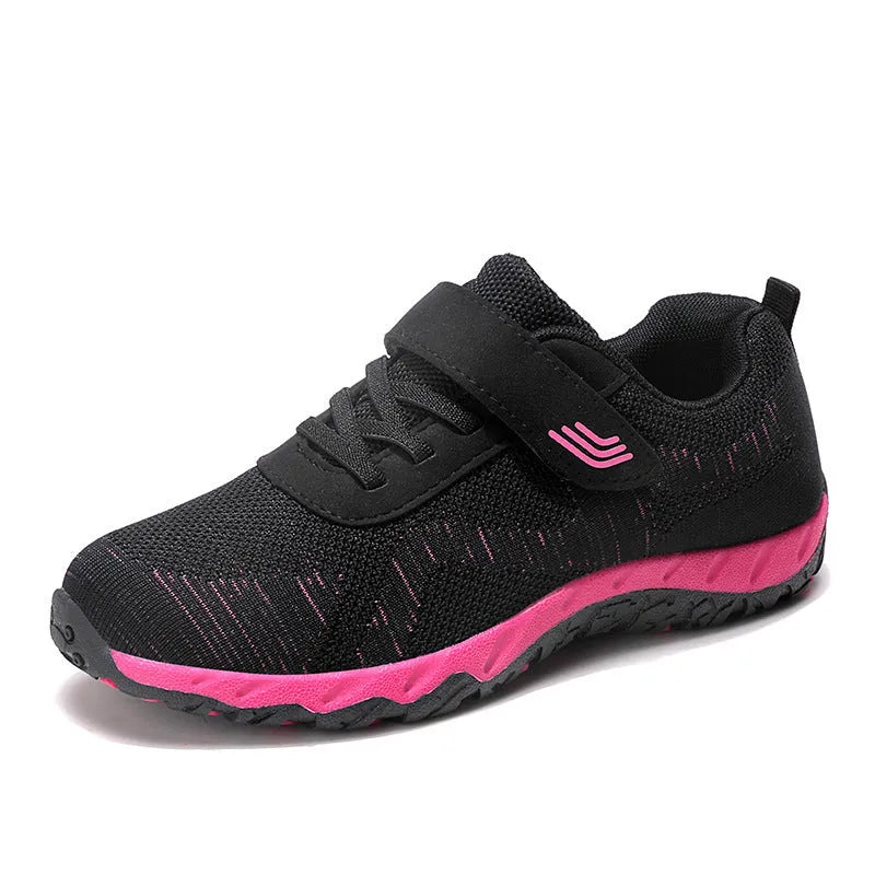 Women's low-top grey purple wedge shoes with Velcro strap and breathable mesh upper.