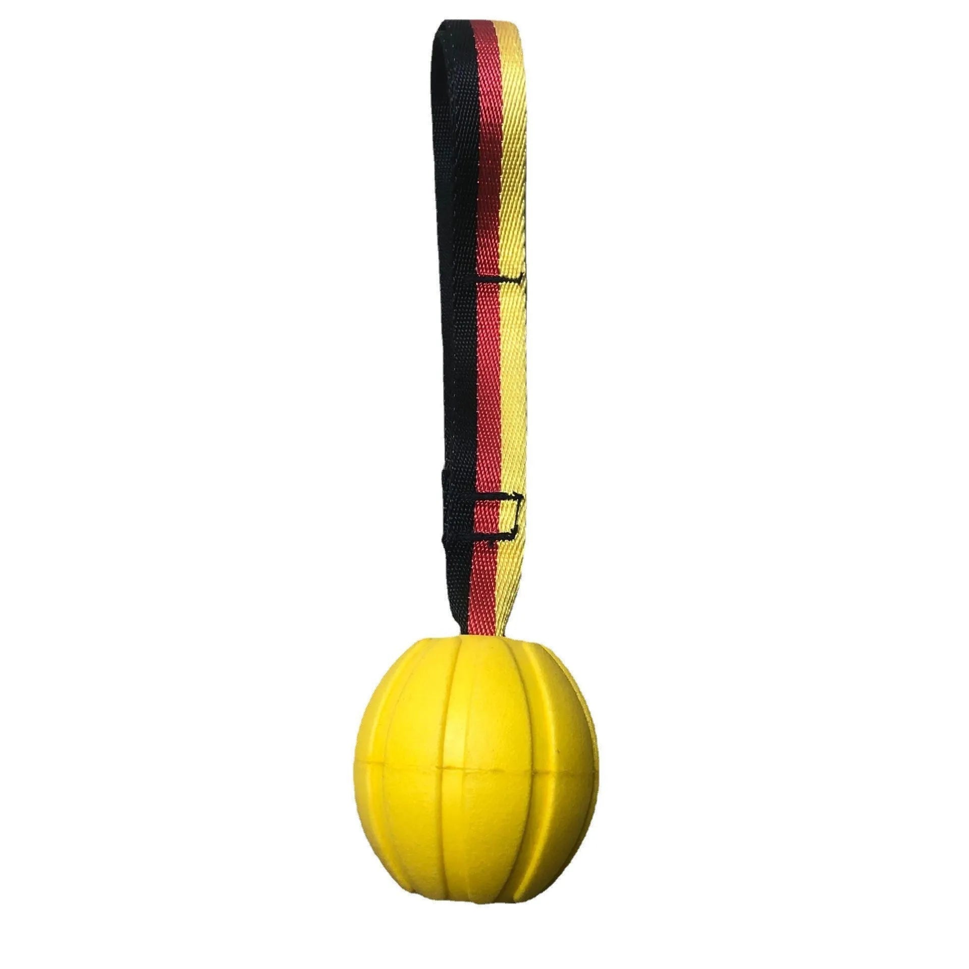 Yellow and camouflage coloured EVA floating dog tetherballs in different sizes on a blue background.