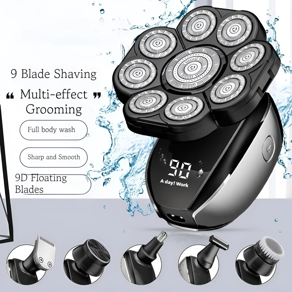 Black rechargeable 6-in-1 hair clipper grooming kit with multiple attachments laid out.