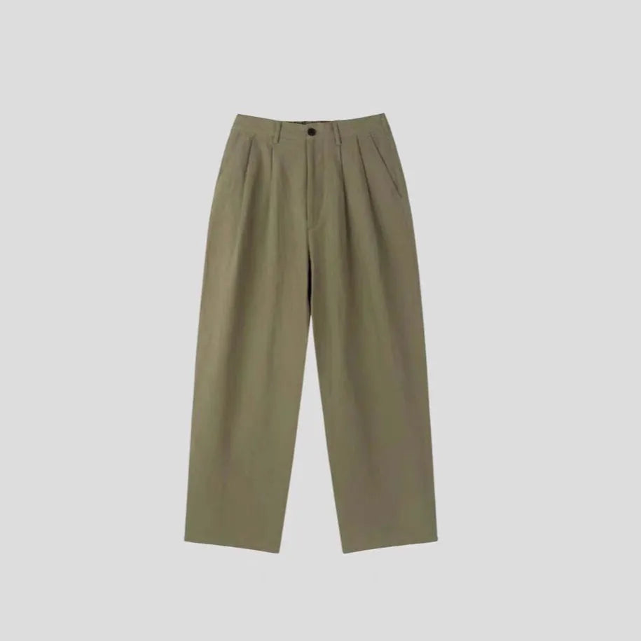 Men's lightweight cotton linen trousers in apricot with wide-leg cut and elastic waist