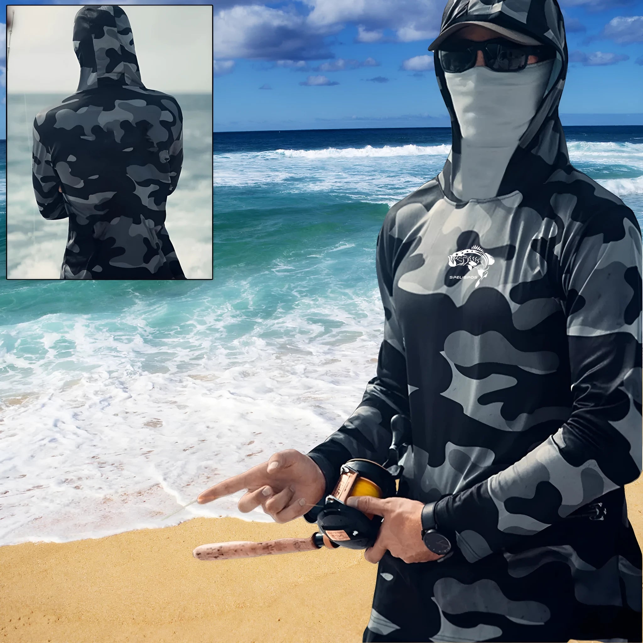 Huk Pursuit long sleeve performance fishing shirt with mesh side panels shown on a model.