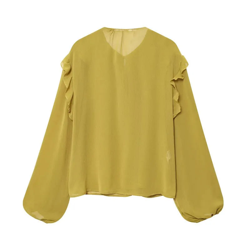Women's yellow ruffled laminated decorative shirt with plants and flowers print, pullover long sleeve top in polyester spandex