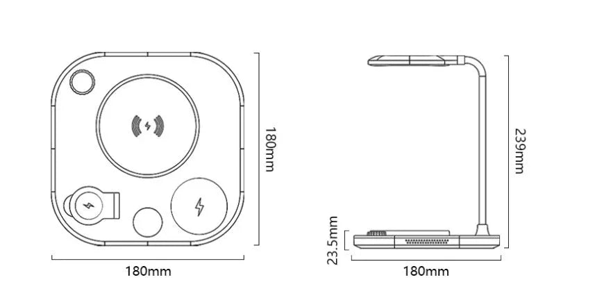 Black three-in-one wireless magnetic charger with desk lamp and USB cable on a wooden desk.