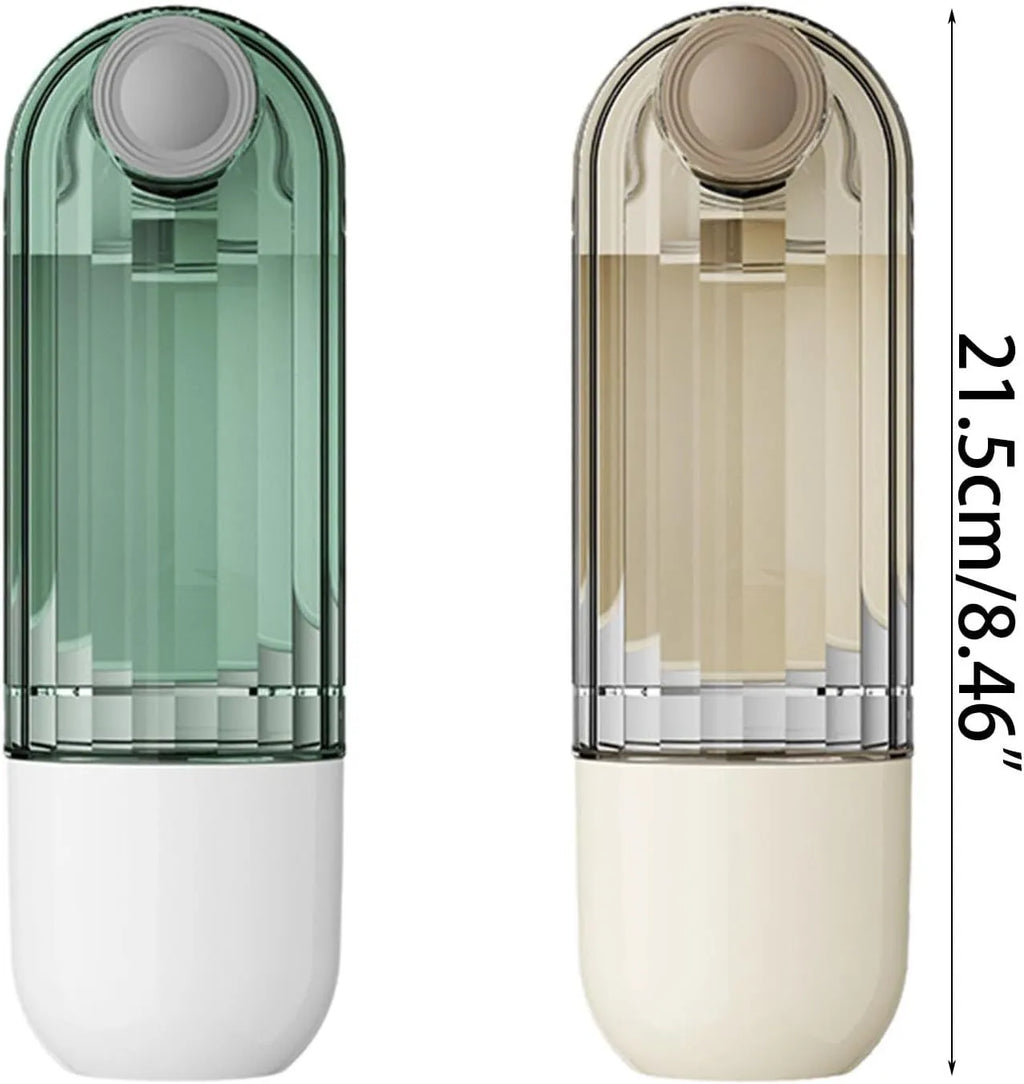 Foldable dog water bottle with food dispenser in beige or green colour for walking and hiking