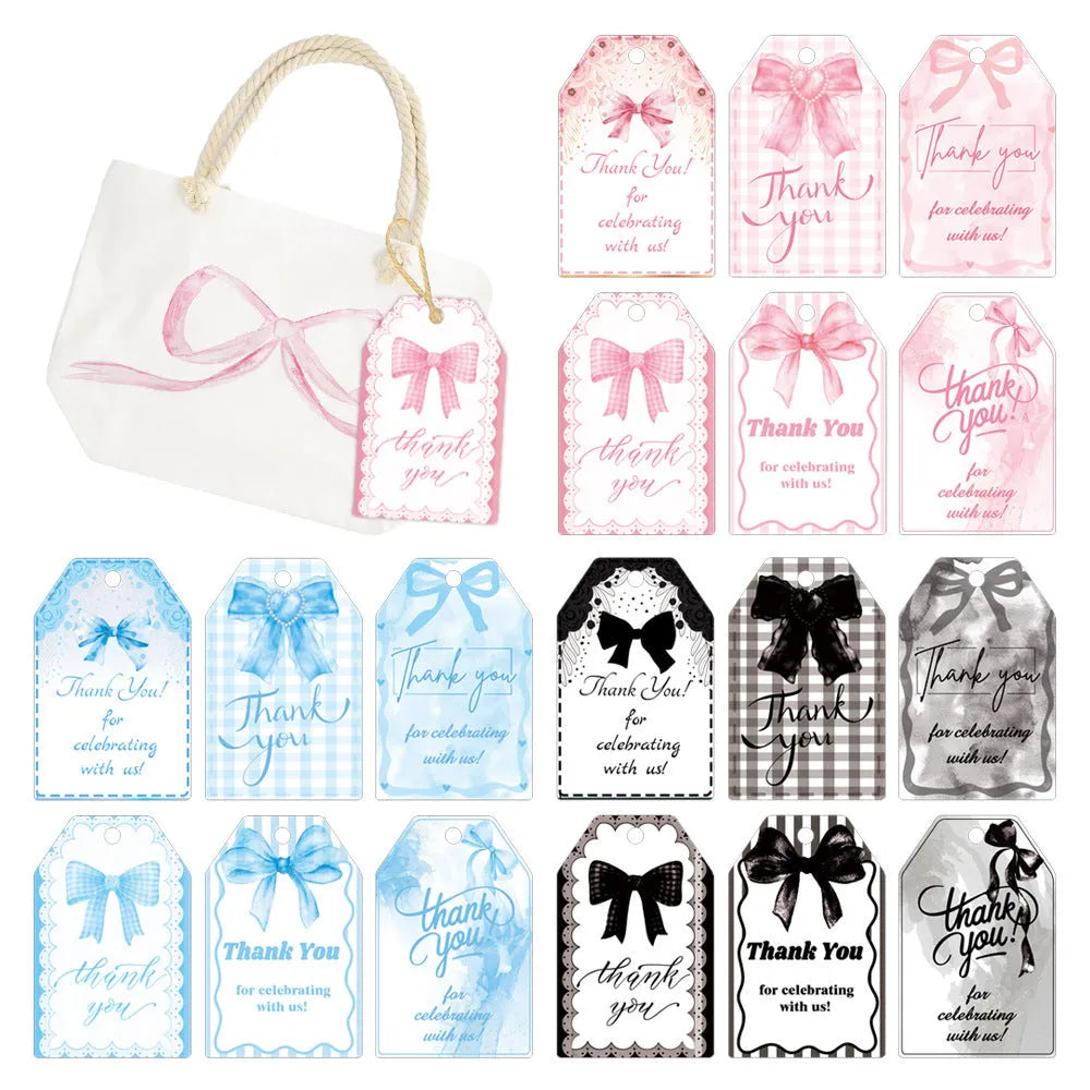 Three styles of birthday party gift tags with bowknot designs and hemp rope ties