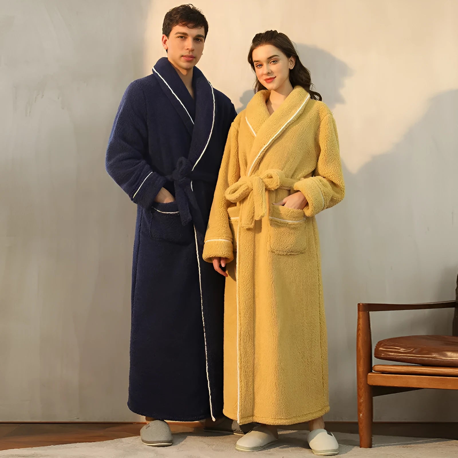 Plus-size men's bathrobe and women's nightgown couple set in thick winter flannel fabric