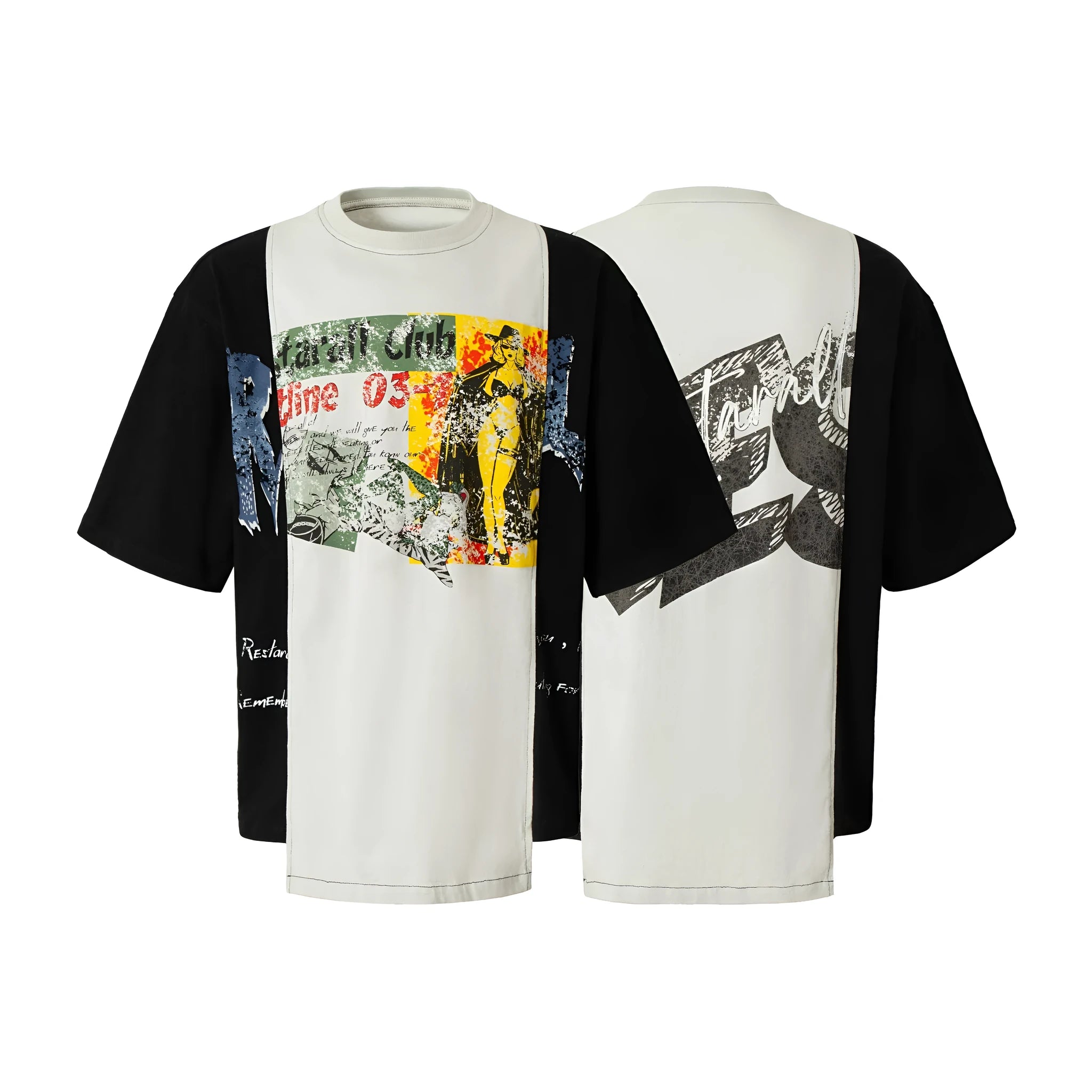 Black and white broken collage print on a loose-fit cotton blend T-shirt for streetwear.
