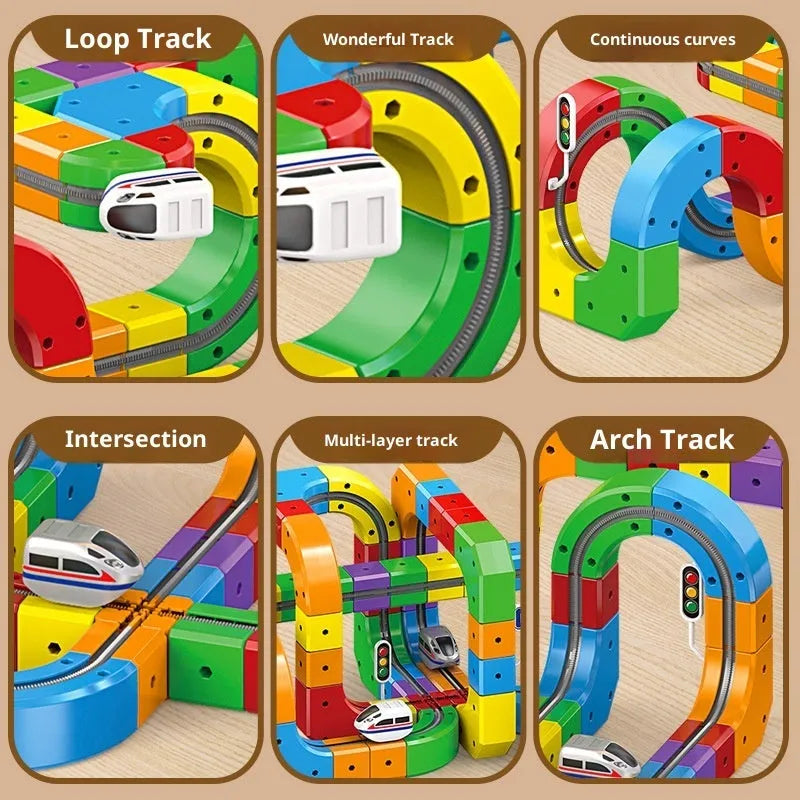 Small train track cube electric assembled building block toy set for children aged 4-6, non-magnetic plastic blocks, 51 piece option