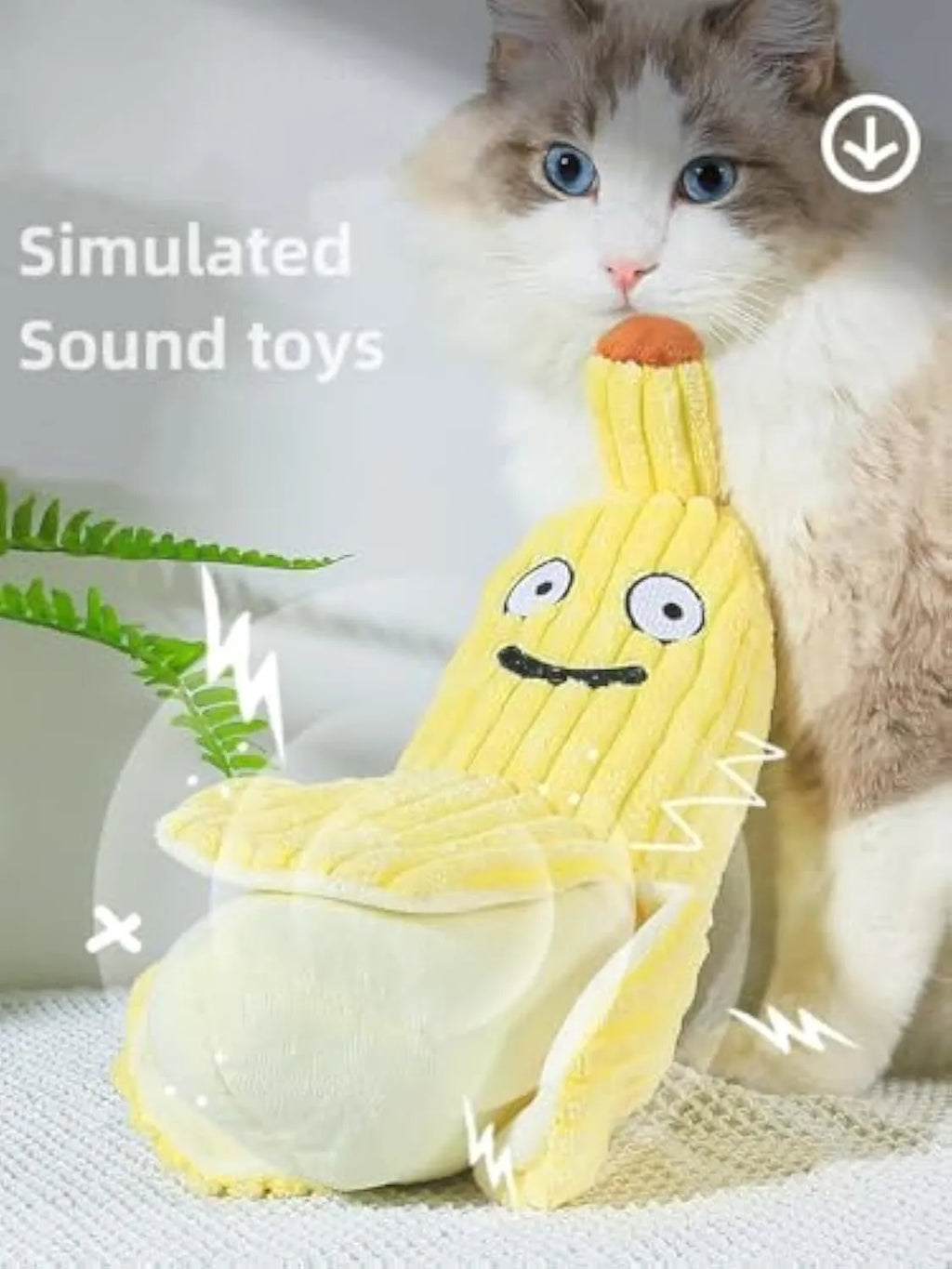 Yellow banana-shaped plush cat toy with crinkle sound feature for chewing and kicking