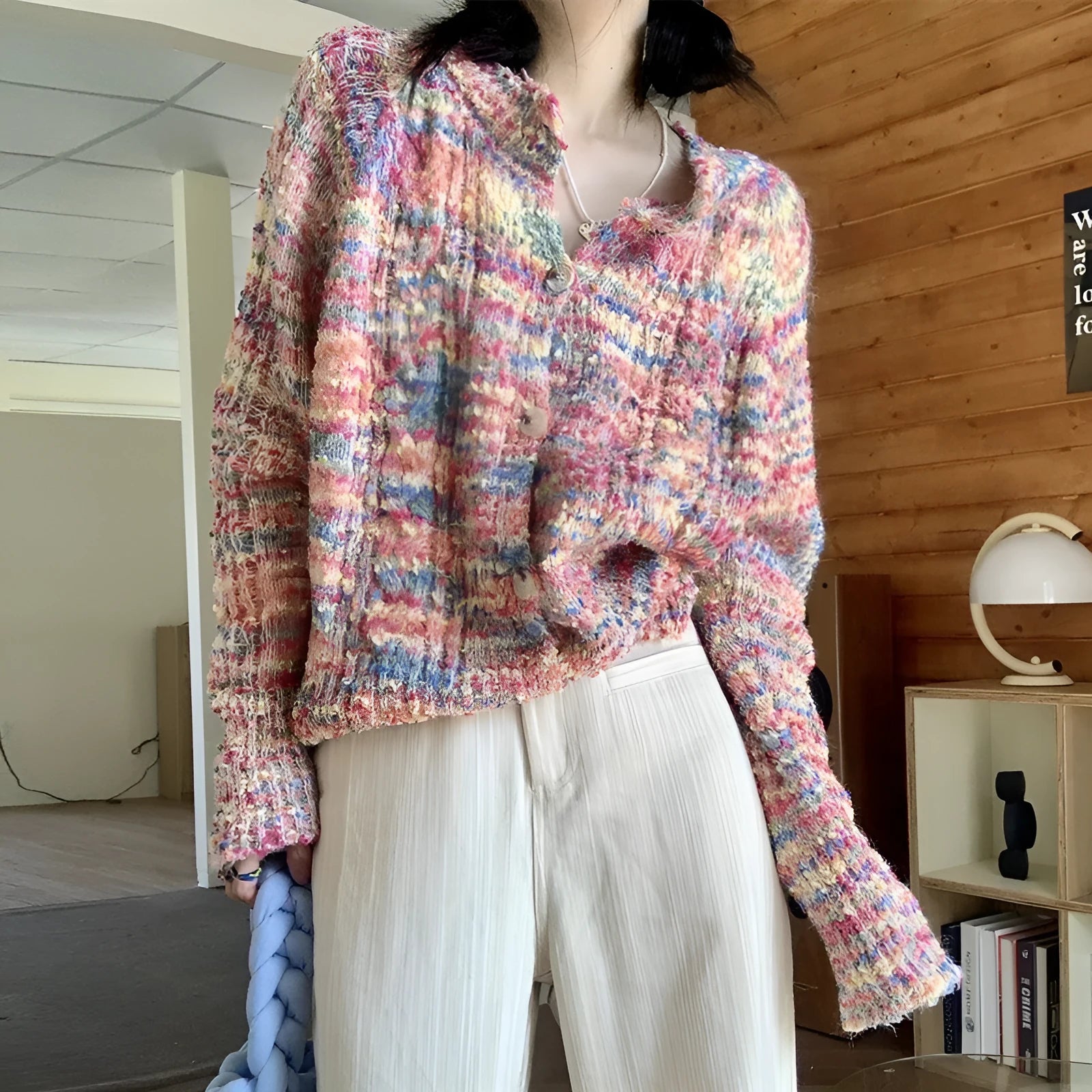 Rainbow pattern knitted cardigan in pink and green colours with toothbrush hair texture
