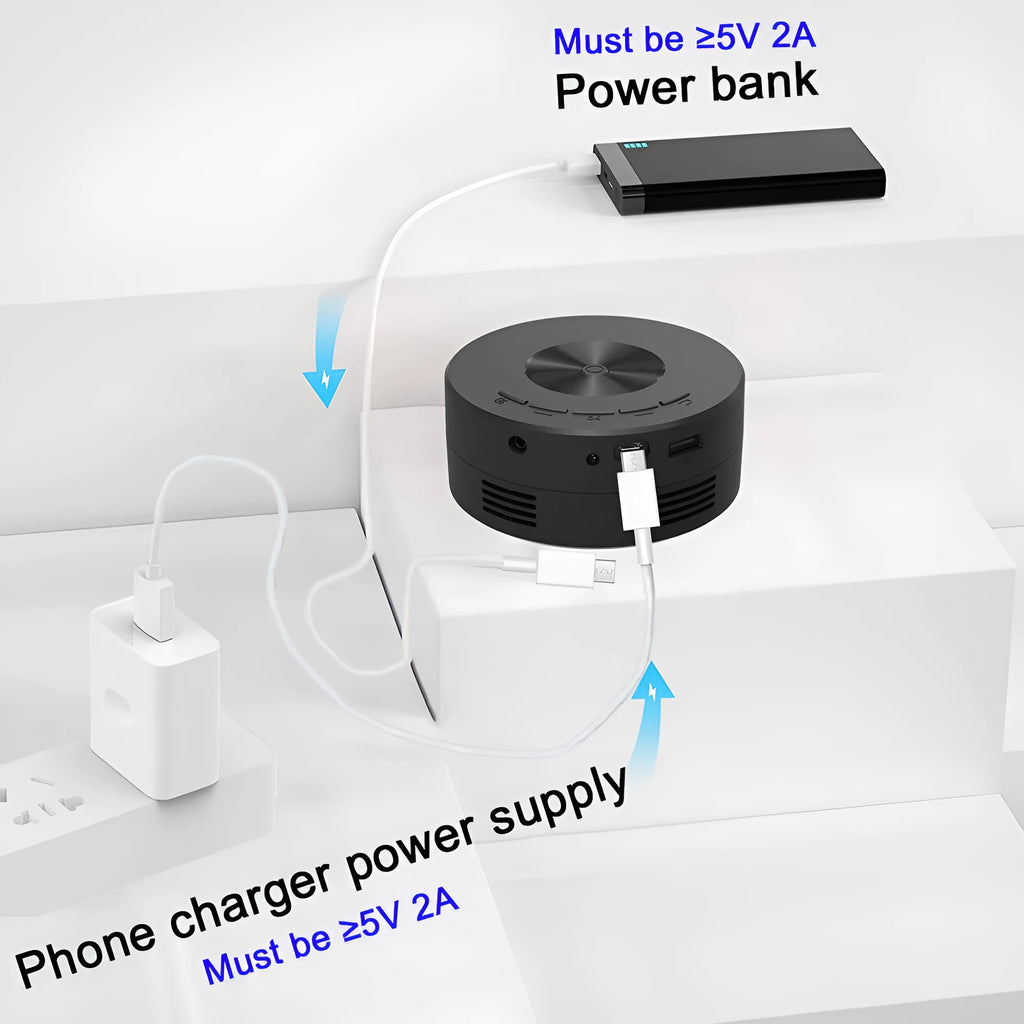 Black portable mini projector for children with mobile phone connectivity measuring 110mm x 110mm